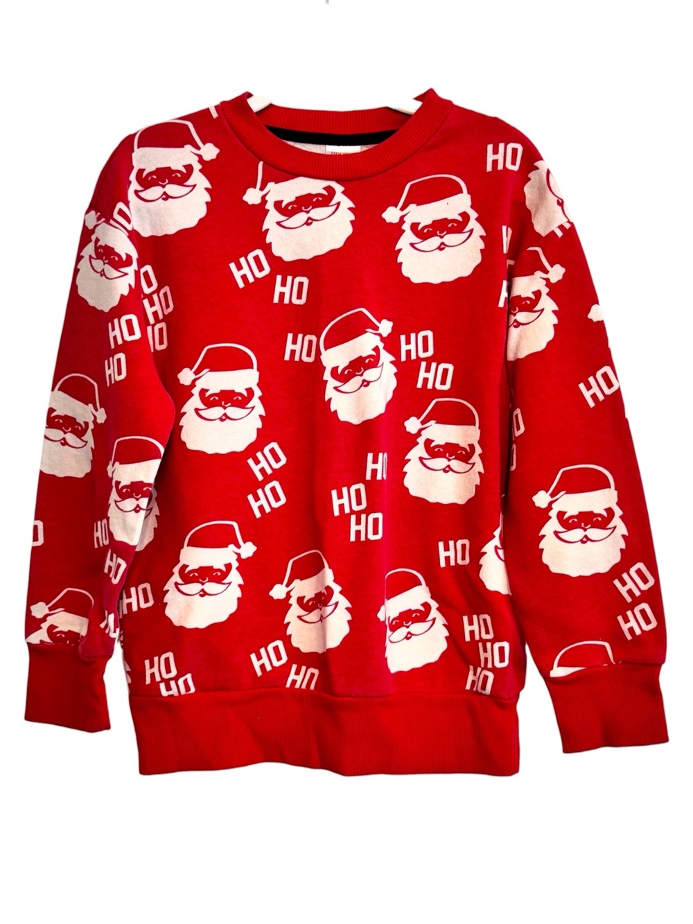 Holiday Time Size M (8) Red/White all-over print of Santa's face & "HO HO HO"
